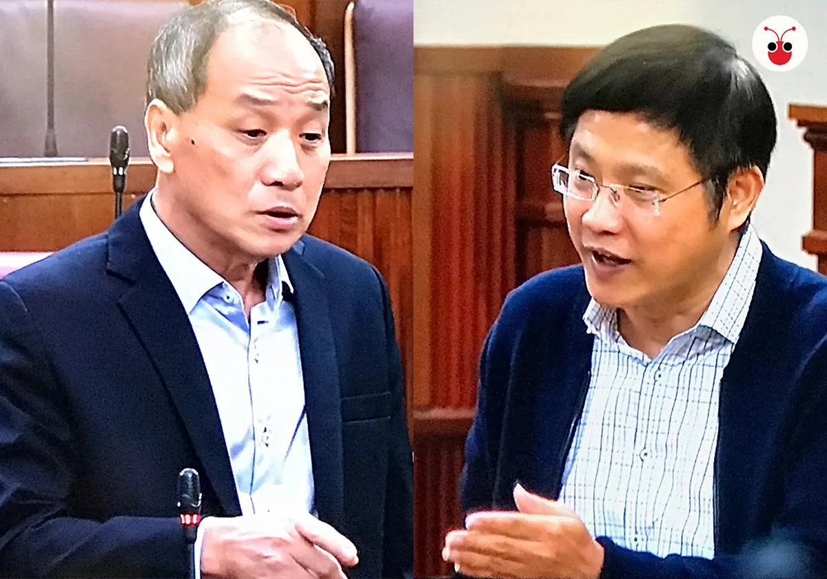  工人党阿裕尼国会议员刘程强（左）和行动党宏茂桥集选区国会议员颜添宝交锋。（郭跃男制图） 