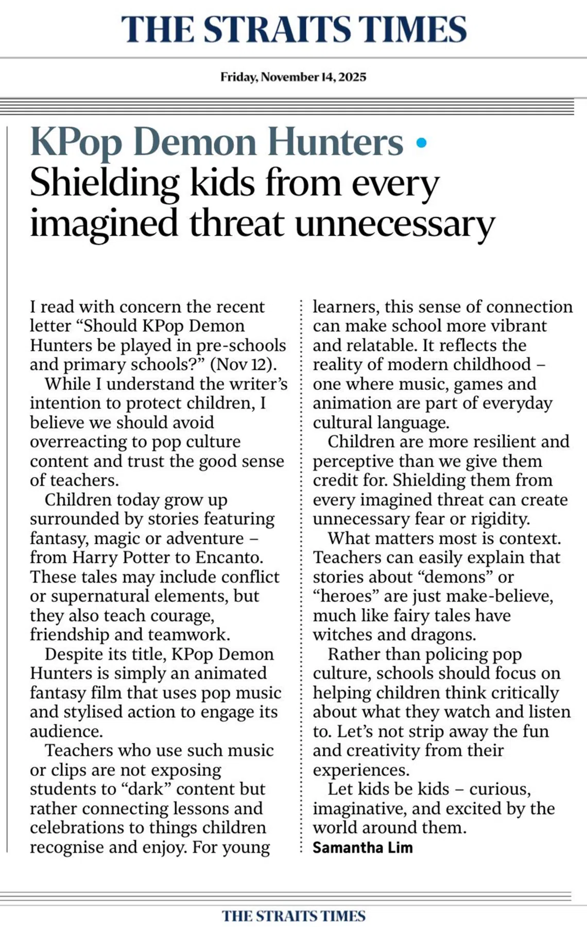 刊登在11月14日的《海峡时报》言论版。