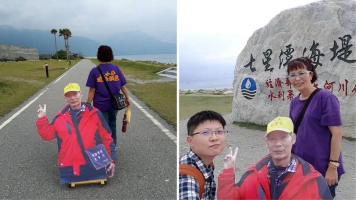  陈素玲带着已逝老公的人形立牌，与女儿相伴在台湾展开环岛旅行。（互联网） 