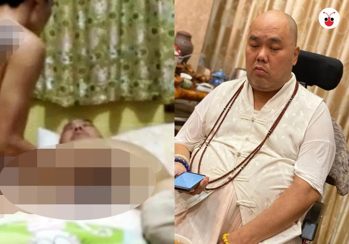 龙山寺住持传文法师（右）被爆召男妓胡搞。（李国豪制图）