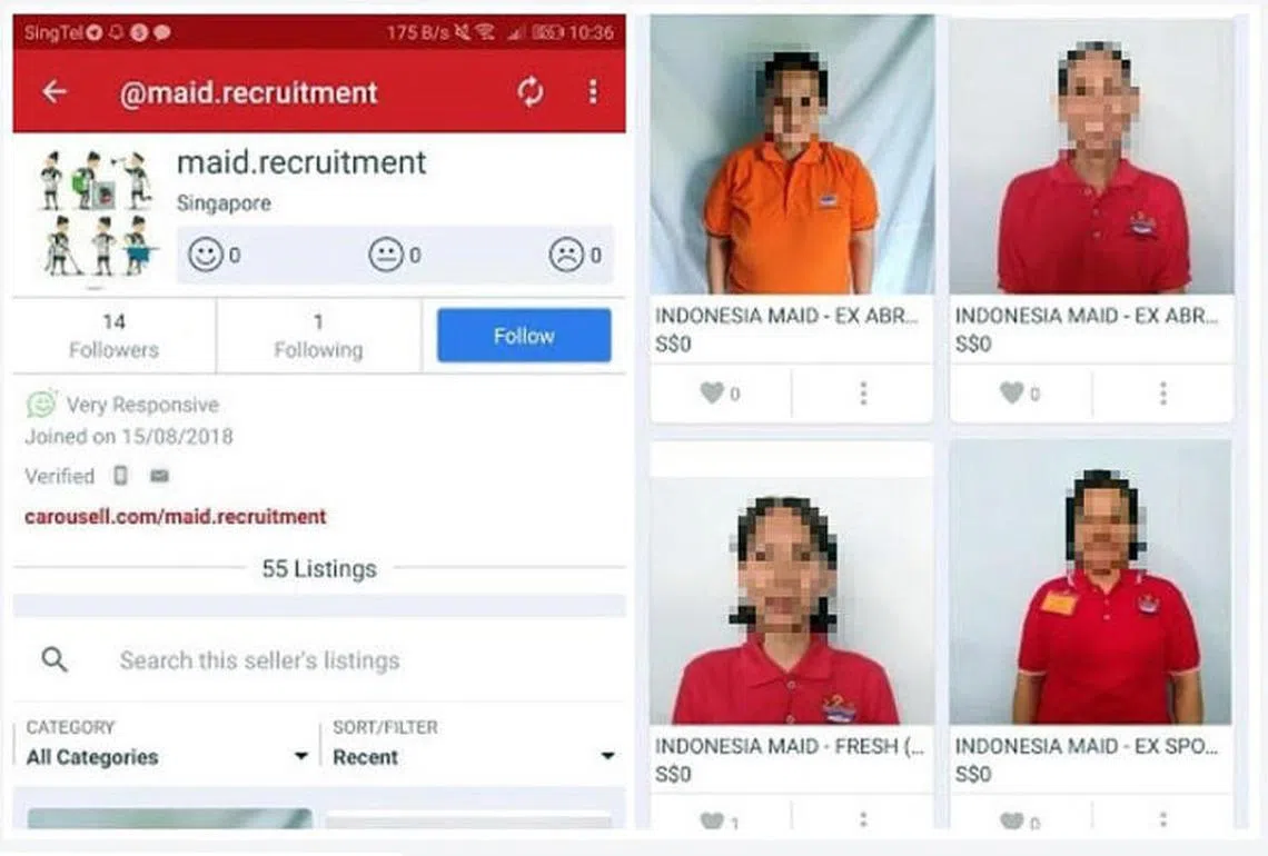 网购平台Carousell上“卖女佣”，上载的女佣照片被当“货品”卖。（联合晚报）