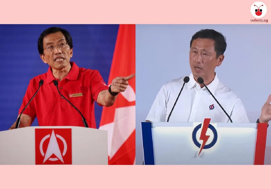 新加坡民主党徐顺全（左）和卫生部长王乙康近日为“抛弃选民”的事情隔空辩论了一番。（红蚂蚁制图）