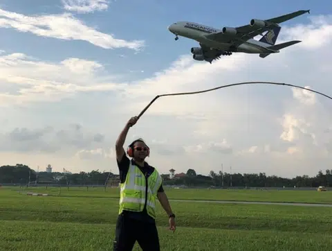 机场禁区管理安全检查小组人员，使用会发出巨响和冲击波的鞭子驱赶闯入禁区的野生动物。（樟宜机场集团）