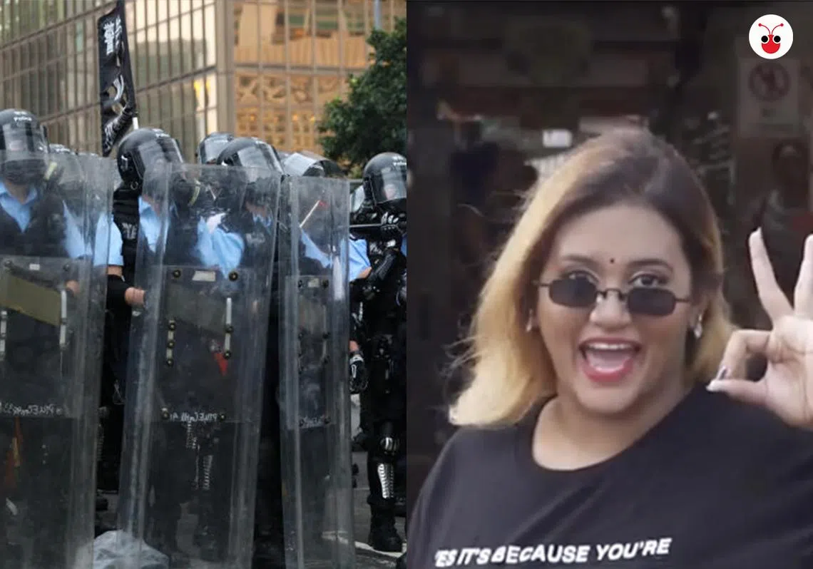 不是自由表达不好，但文明秩序的基础确实很脆弱。左为香港警察与示威港青对峙，右为本地网红普丽蒂（Preeti Nair，简称 Preetipls），她制作的视频因带有侮辱华人的内容而引发警方介入调查。（郭跃男制图）