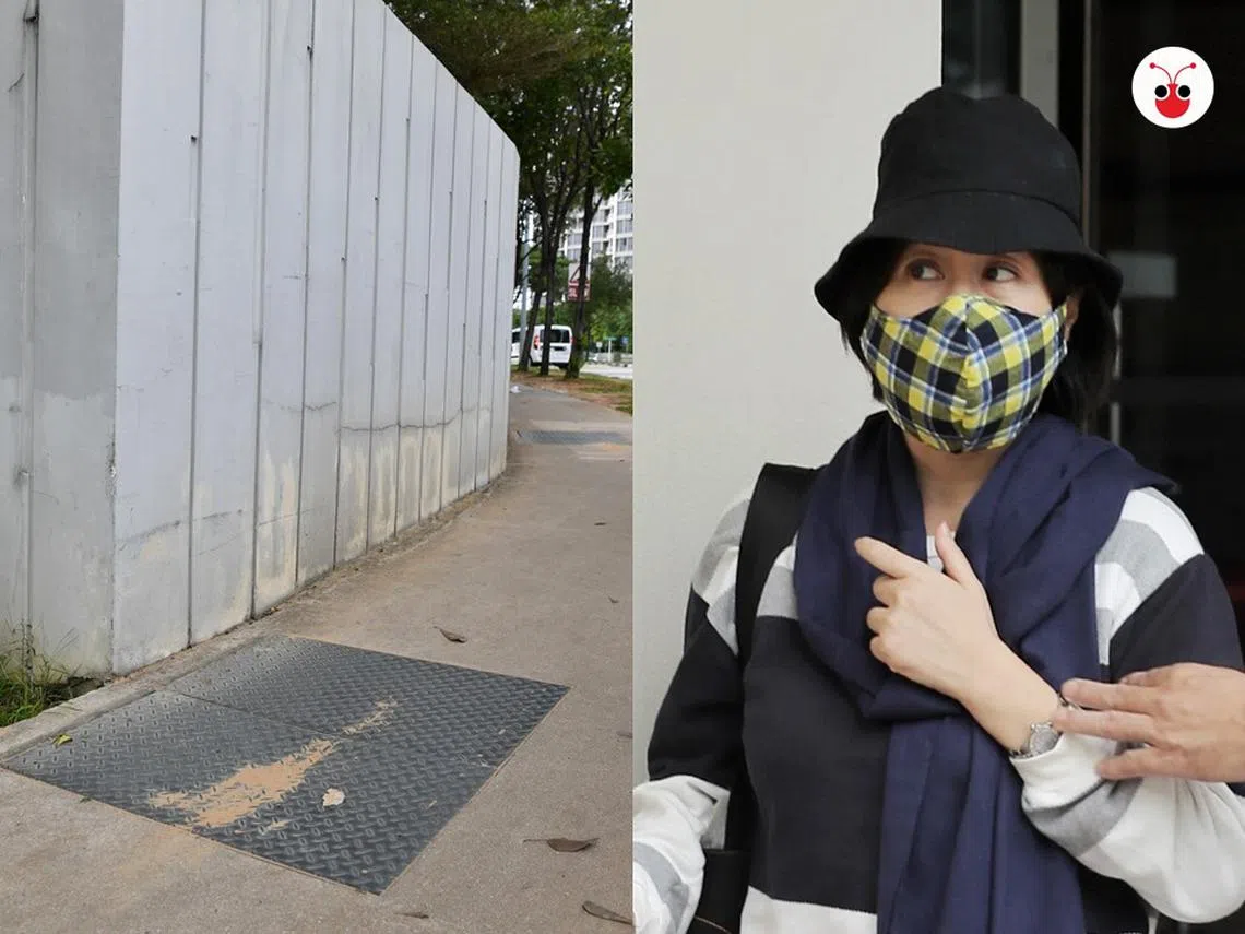 近日在新加坡闹得沸沸扬扬的公用事业局索偿案。女会计师曾惠萍（47岁，右）在后港人行道走路的时候，掉进没有盖起来的1.8米深阴沟洞里，受了伤。事后她起诉公用事业局疏忽，要求索讨500万新元的赔偿。（红蚂蚁制图）