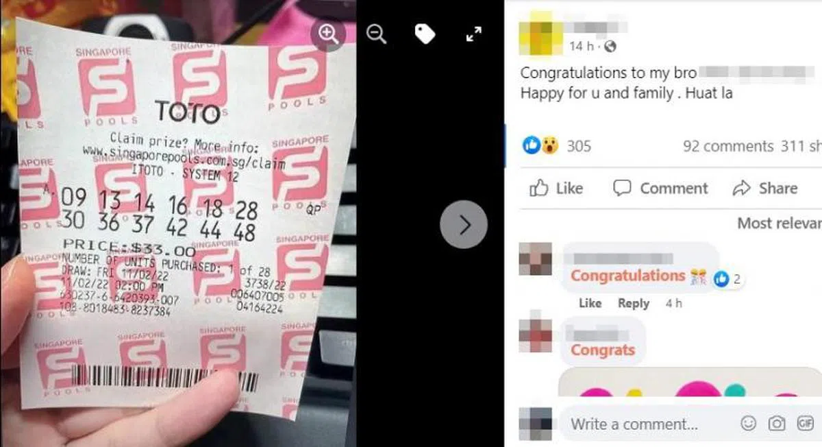 八名中奖者当中，有一人在面簿上晒出头奖彩票。首奖号码是：09、13、14、16、18、28。（互联网）