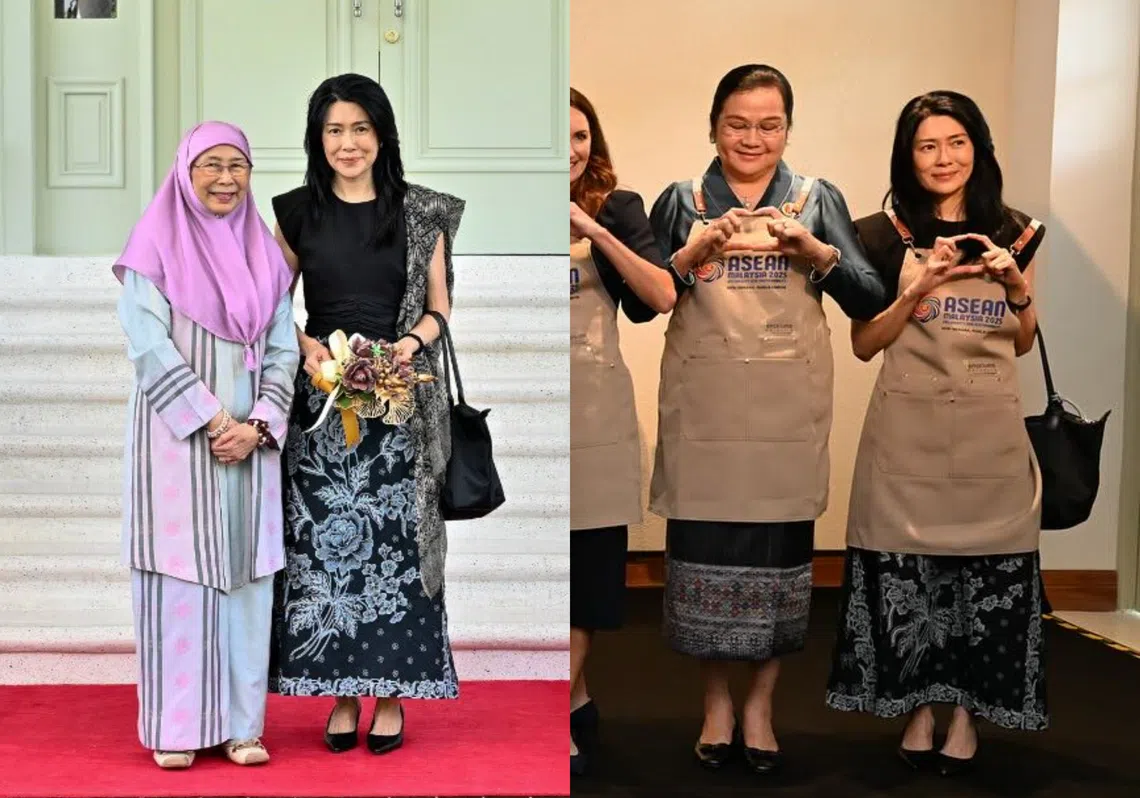 新加坡总理夫人吕子蕊（左图右一）和马国首相夫人旺阿兹莎（左图左一）合照留影。右图为吕子蕊（右一）和老挝总理夫人万达拉·西潘敦等他国领导人夫人合照比心。