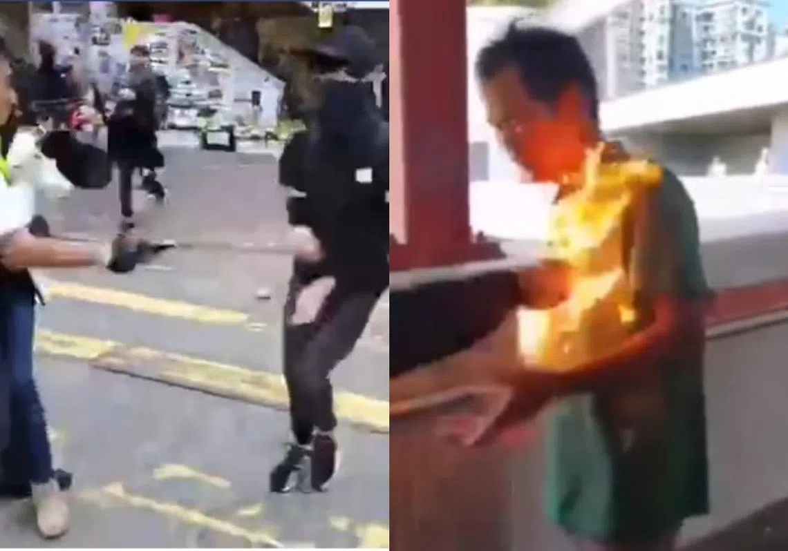 香港今日连续爆发严重暴力事件，一名遭警方射伤的示威者和被示威者纵火“私了”的男子情况危殆。（李国豪制图）