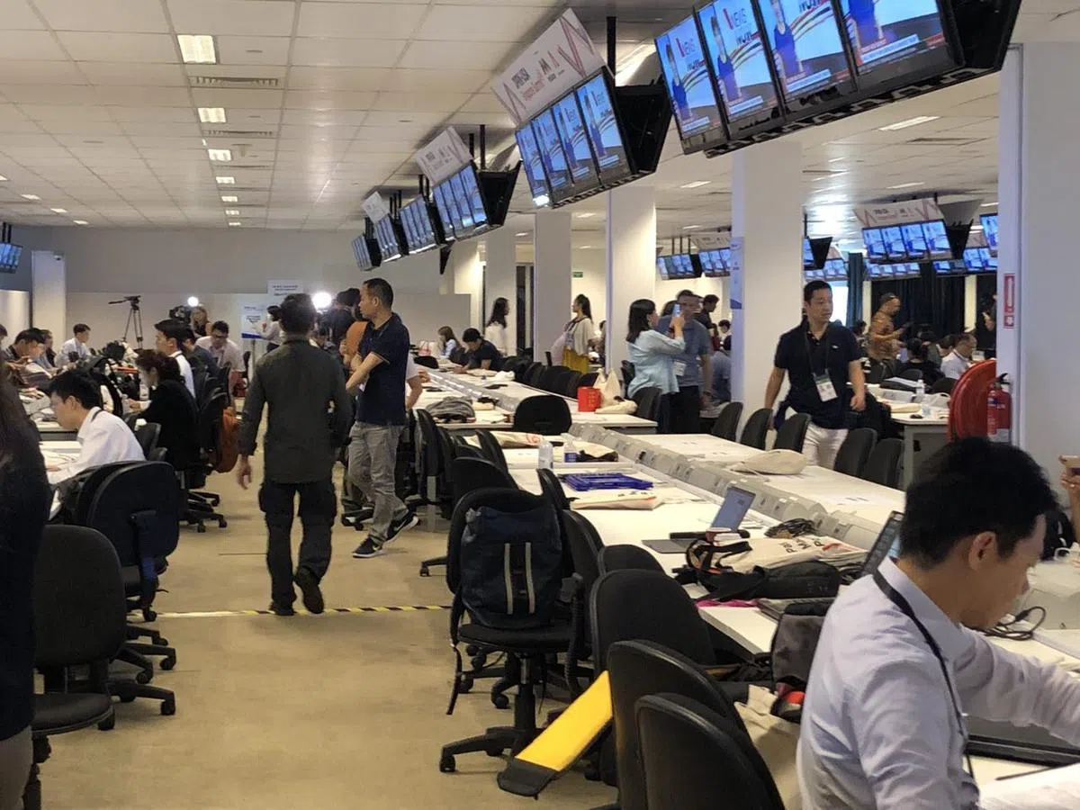  新加坡在特金会当天，是全球遭受最多网络攻击的国家。图为特金会媒体中心。（海峡时报） 