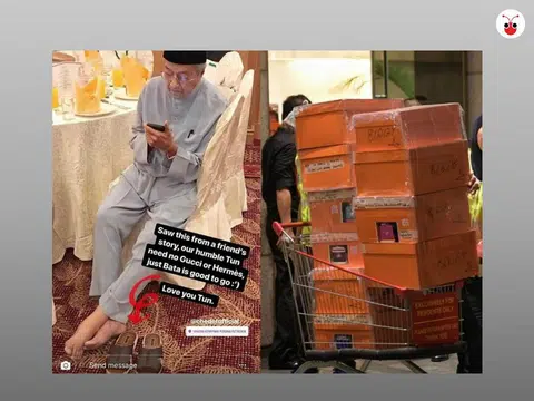 马哈迪（左）穿四元Bata拖鞋被赞节俭；另一边厢，纳吉被搜出的铂金包（右）就超过100个。（卢凌之制图）