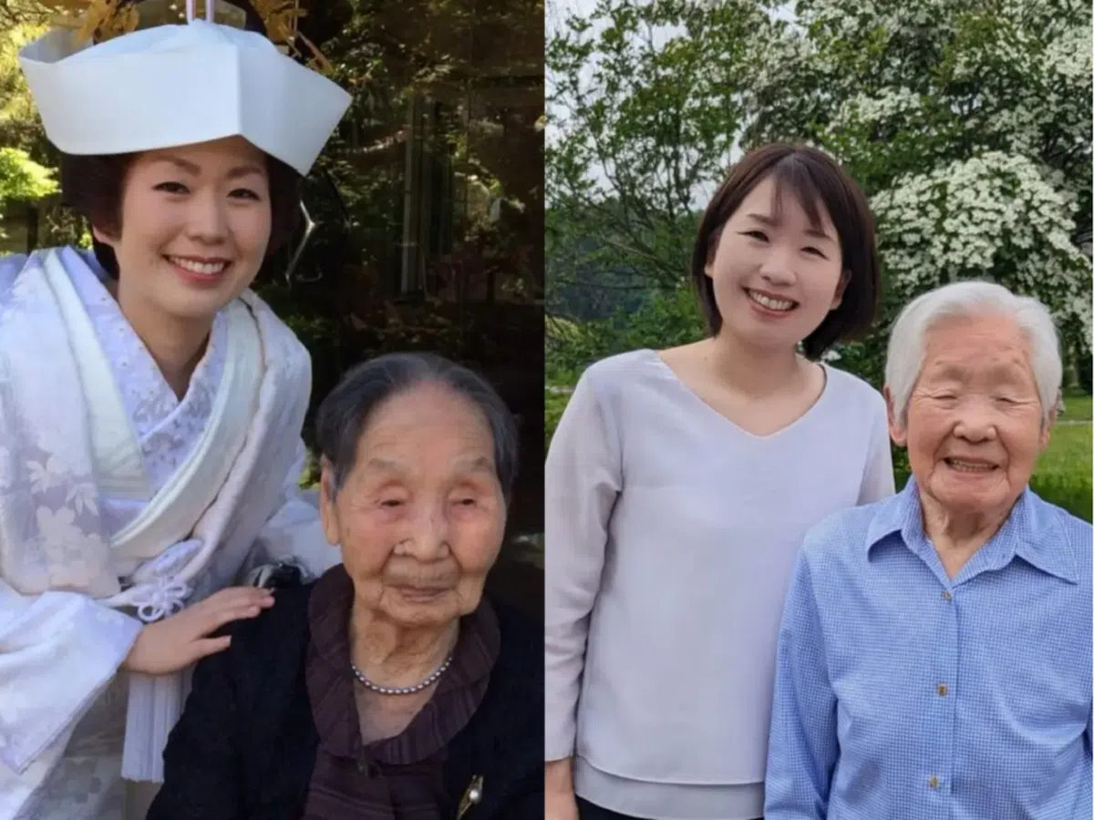 山本由美和已故曾祖母中地茂代的合照。（LongeviQuest）