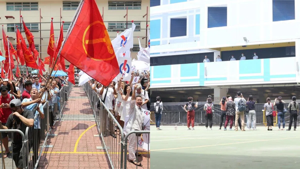  （左图）2015年大选提名活动结束后，行动党和工人党的支持者在提名站为候选人欢呼造势。（右图）今早在崇福学校提名站现场冷冷清清的场面。（联合早报/联合晚报） 