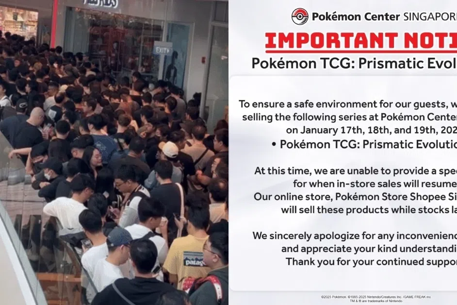 左图为星耀樟宜的新加坡宝可梦中心排队盛况。右图为取消了开卖的活动通知。