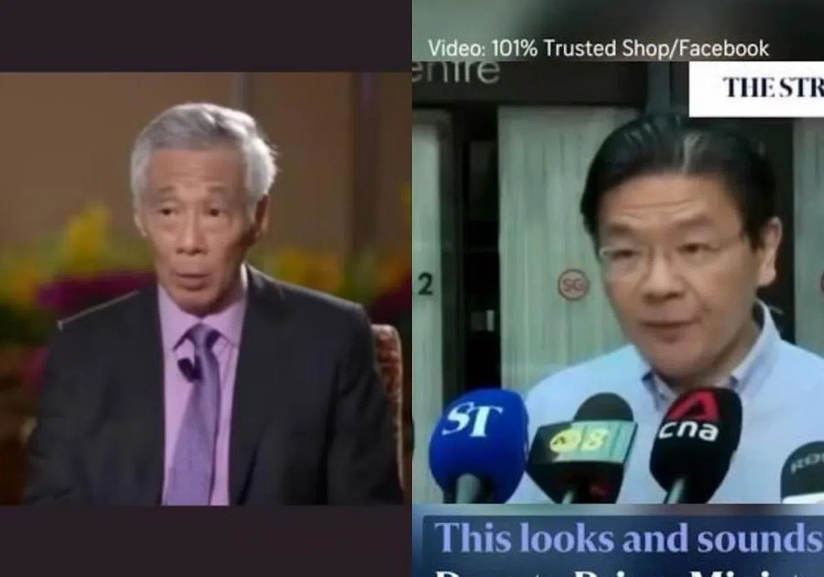 李显龙（左）和黄循财（右）的访谈片段遭人移花接木成诈骗平台的宣传广告。（红蚂蚁制图）