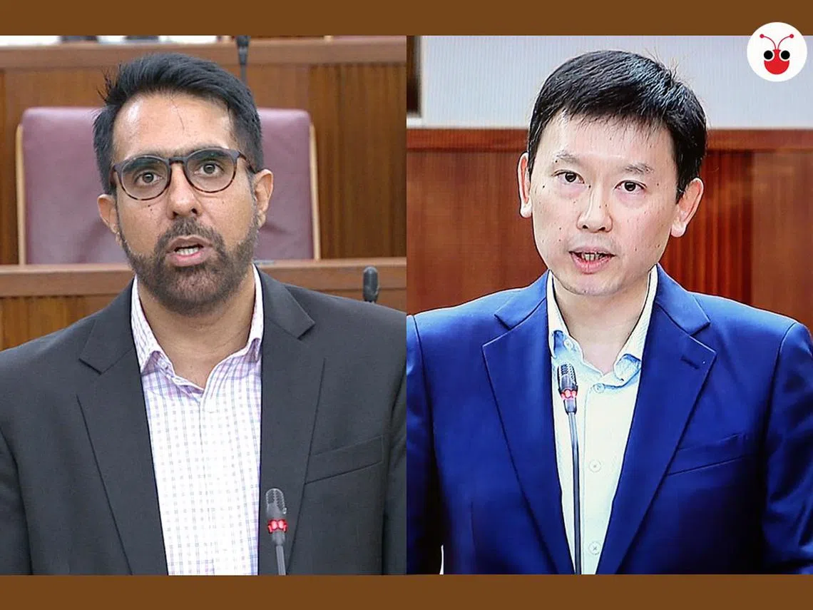 贸工部兼教育部高级政务部长徐芳达（右）与工人党秘书长毕丹星昨天在财政预算案首日辩论交锋。（张丽苹制图）