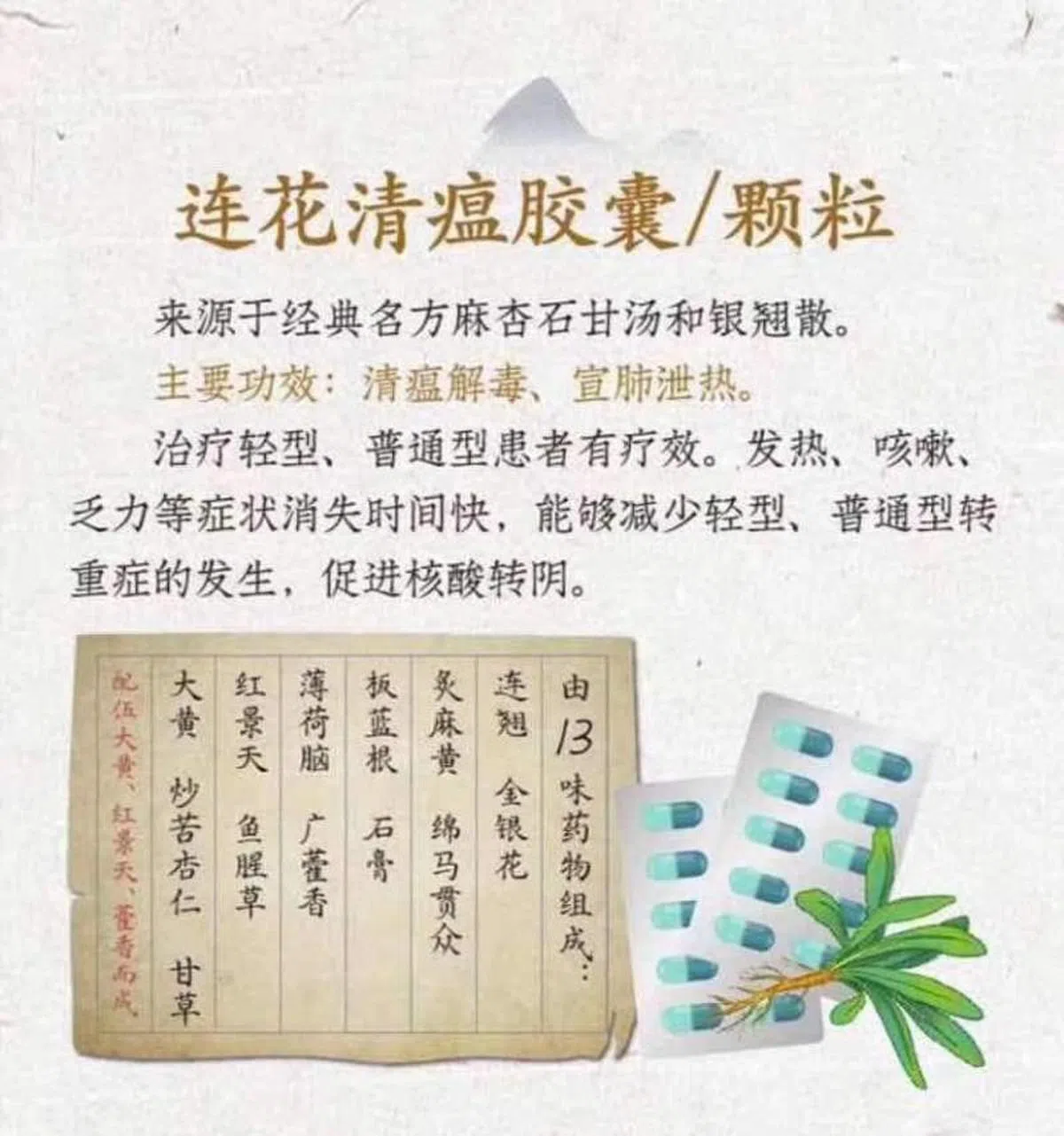  连花清瘟的疗效。（连花清瘟胶囊马来西亚区面簿） 