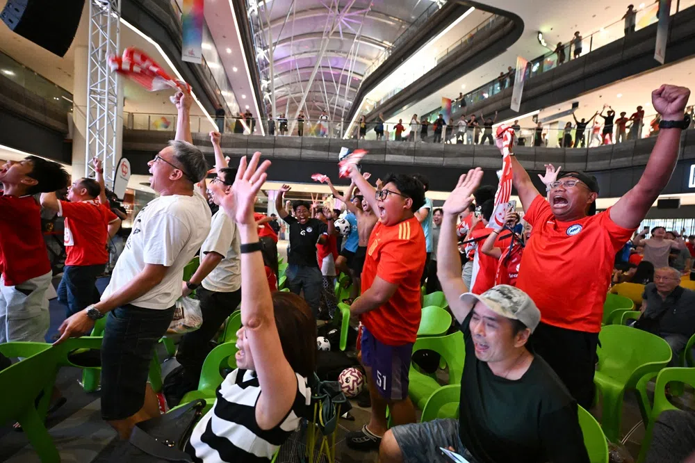 新加坡在11月对垒香港的亚洲杯预赛进球后，兴奋的球迷振臂欢呼。