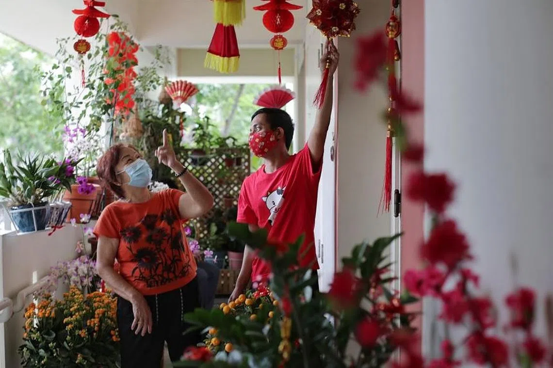 淡滨尼一户马来居民阿都拉与邻居郑女士一同欣赏新年装饰。经由阿都拉兄弟俩的一番巧思，组屋走廊焕然一新充满年味，他们希望与附近居民同乐，发扬甘榜精神。（海峡时报）