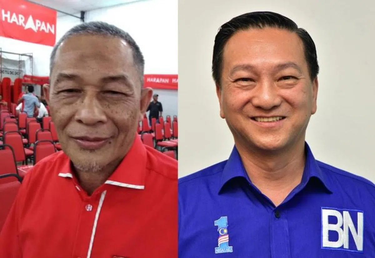  左起：希盟土著团结党候选人卡敏惨败国阵马华候选人黄日升。（红蚂蚁制图） 