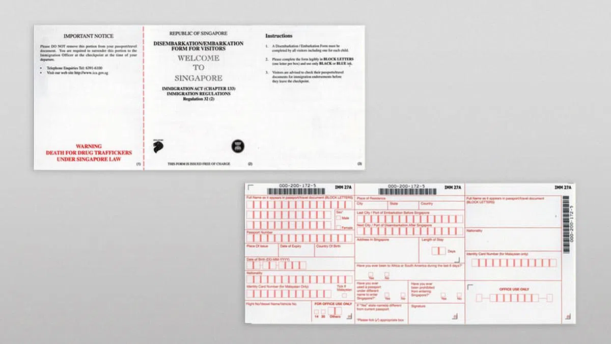 前往新加坡的游客必须填写的入境卡。（新加坡移民与关卡局）