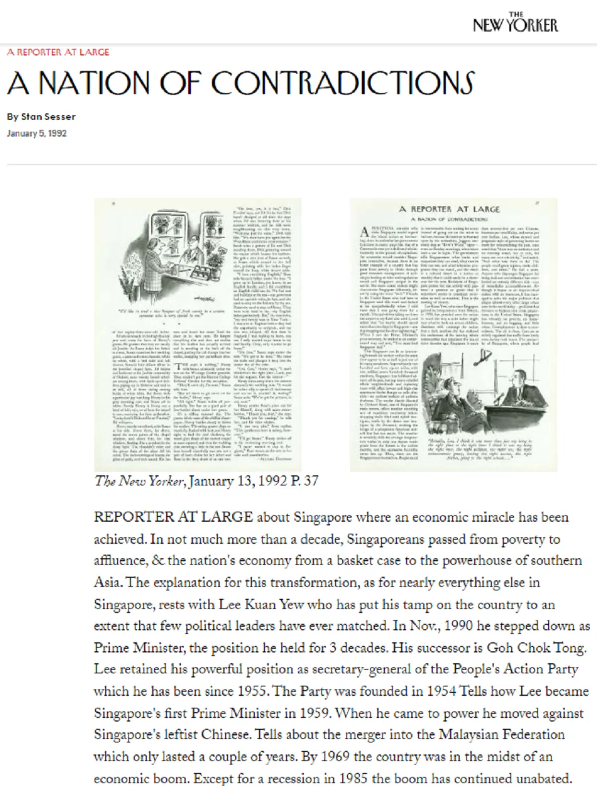 由塞斯尔撰写，1992年1月5日刊登于《纽约客》，题为“一个充满矛盾的国家”的文章。（纽约客官网截图）