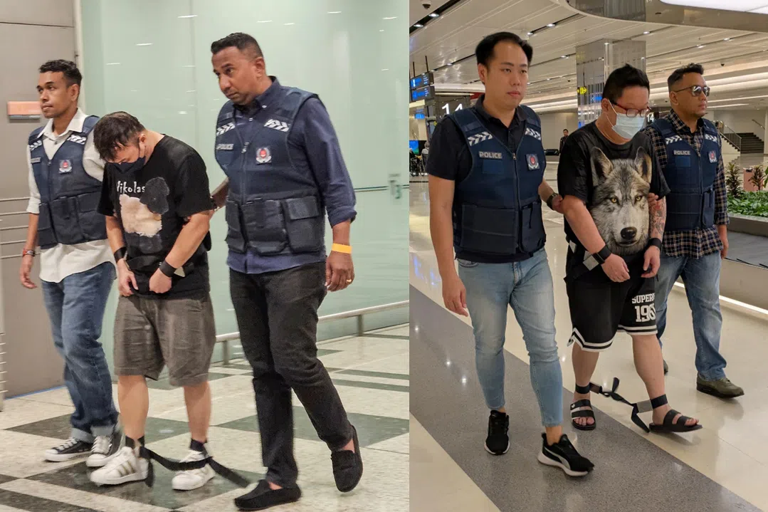 两名同为44岁的男嫌犯王光伟（右图，音译）和佘建豪（左图，音译）分别在泰国和柬埔寨被遣送回新加坡。佘建豪之前在柬埔寨跨国诈骗集团中担任翻译，王光伟则涉嫌参与跨国诈骗集团，在缅甸诈骗中心负责行政工作。