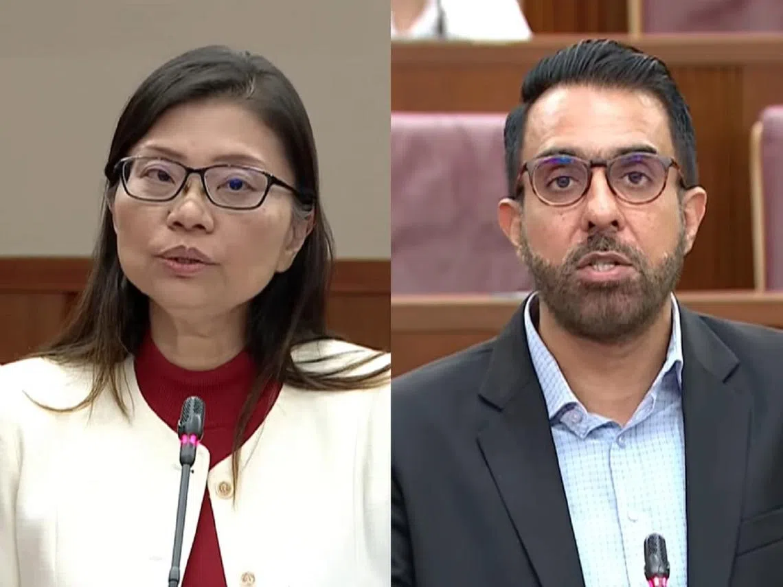 工人党秘书长兼国会反对党领袖毕丹星（右）和新加坡前进党秘书长潘群勤（左）。（国会直播视频截图）