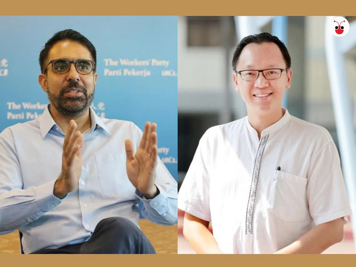 人民行动党议员、贸工部兼外交部高级政务次长陈有明医生（右），质疑工人党秘书长毕丹星（左）是否爱国的网络文章，最近成为热点新闻。（红蚂蚁制图）