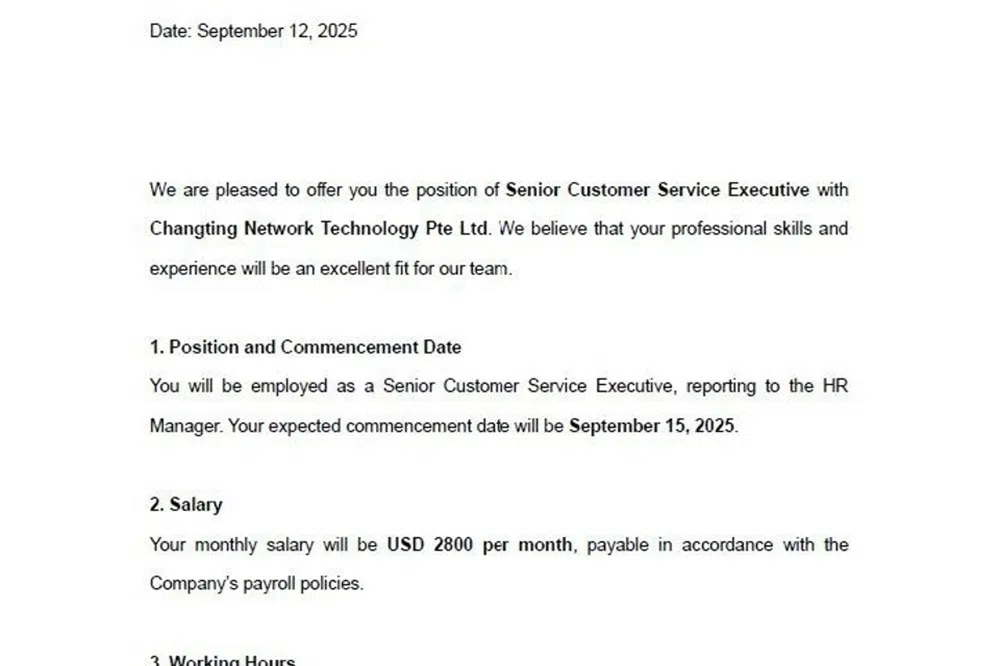 假扮“求职者乙”的《海峡时报》记者所收到的聘约书。