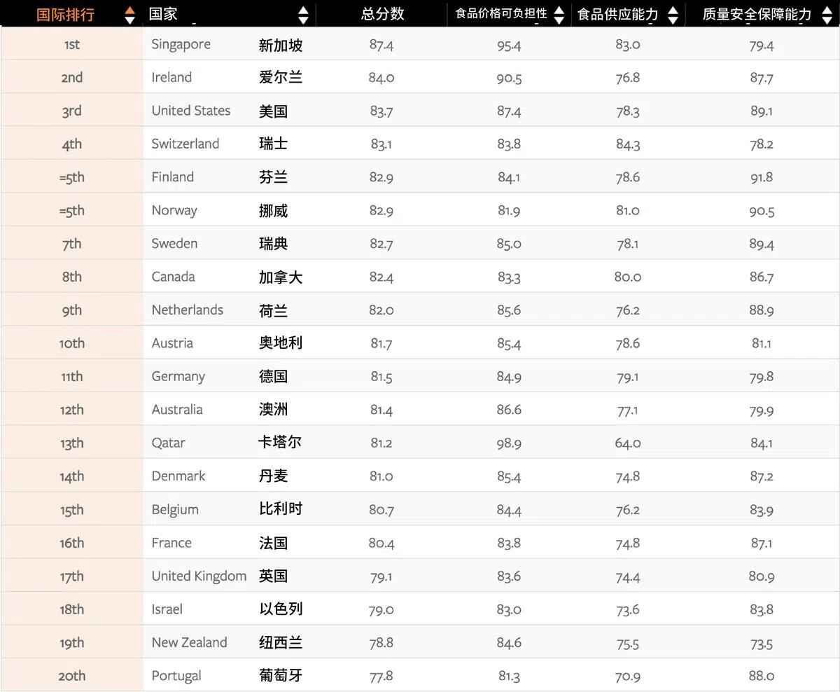  排名前二十的多是发达国家。（《2019年全球食品保障指数报告》） 