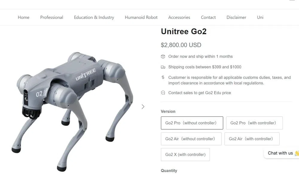 这台Go2是宇树科技的产品，售价2800美元（不含运费）。