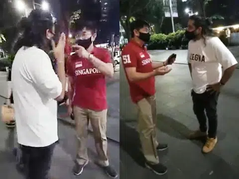 外表看起来像印族的达维·帕贾实（白衣者）与女友走在乌节路上时，突然有一名华族男子（红衣者）路过时，用英语对他们说一句：“真是丢脸！”后就走掉。感到莫名其妙的帕贾实于是上前质问男子什么意思，女友则拿起手机拍下整个过程。（视频截图/红蚂蚁制图）