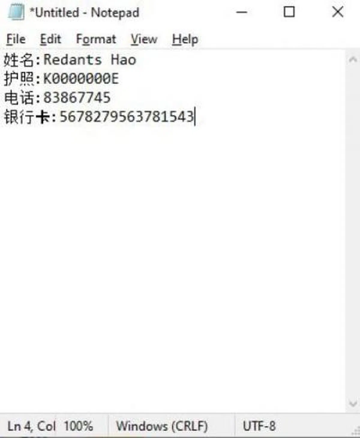 在电脑内建软件Notepad填写资料。（示意图）