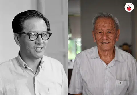 当年意气风发的彭由国，如今已经是白发苍苍的老人。（海峡时报，郭跃男制图）