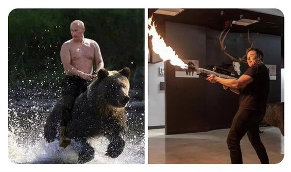 马斯克（右）放话要与普京（左）来一场单挑对决。（马斯克推特）