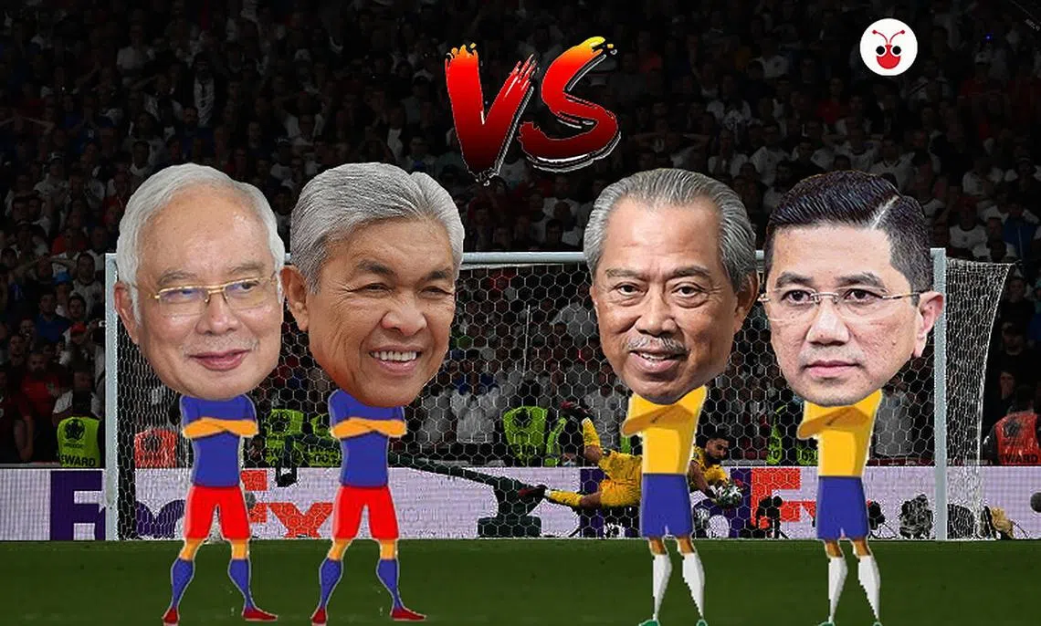 元首裁判的哨声响起，比赛正式开始！扎希（左二）与纳吉（左一）率领的“巫统队”底气浑厚，不容小觑；慕尤丁（右二）与阿兹敏（右一）率领的“国盟队”也非浪得虚名，有“以不变应万变”的绝招。（红蚂蚁制图）