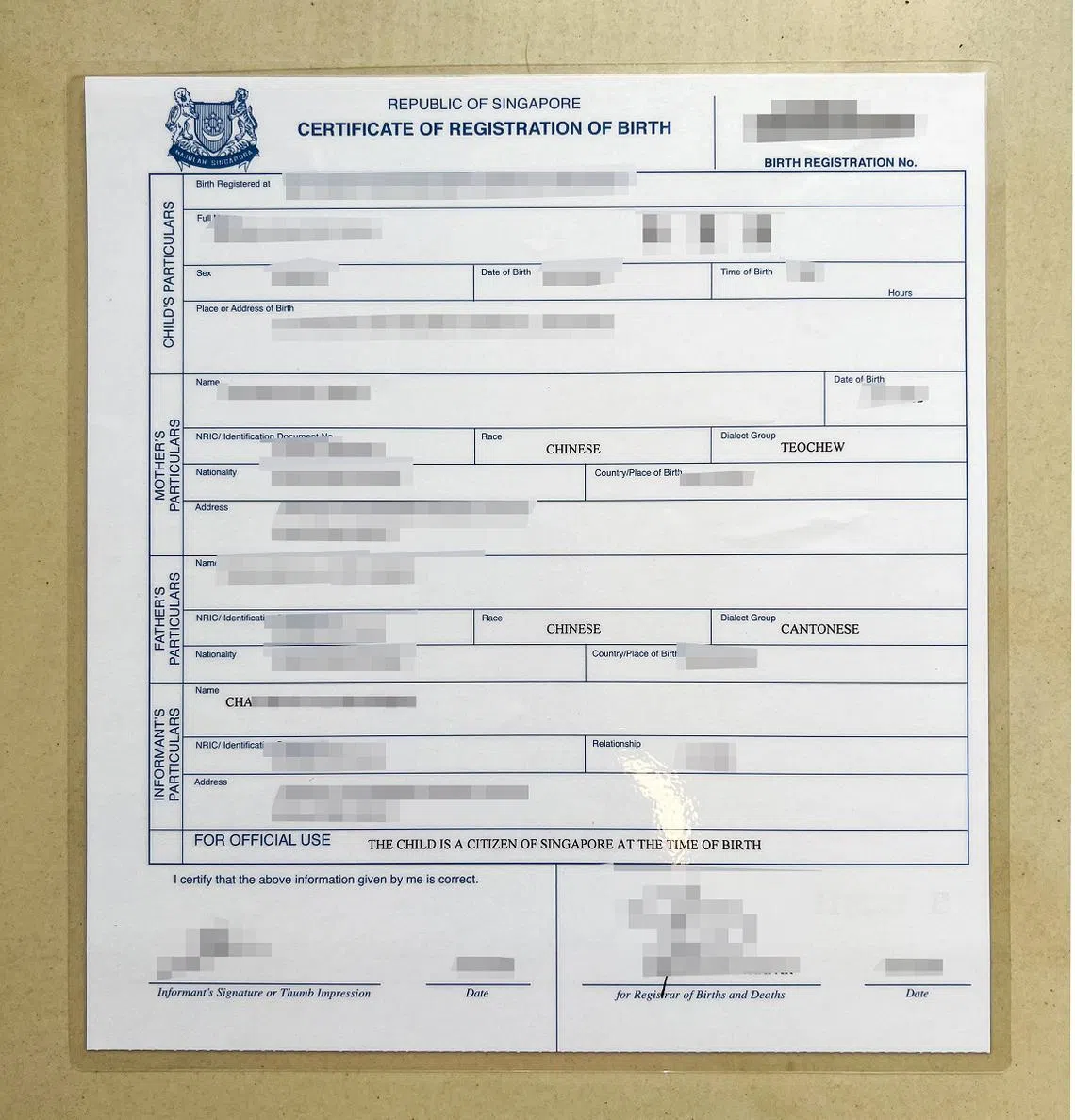 2020年新生儿的报生纸仍保留父母的籍贯。（联合早报）