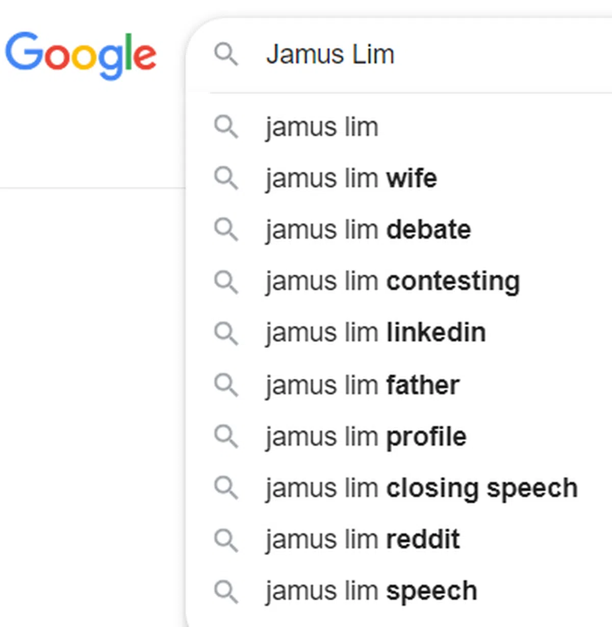  谷歌搜索引擎一输入Jamus Lim，就弹出长长的清单，证明很多人在搜索他的个人信息。（谷歌） 