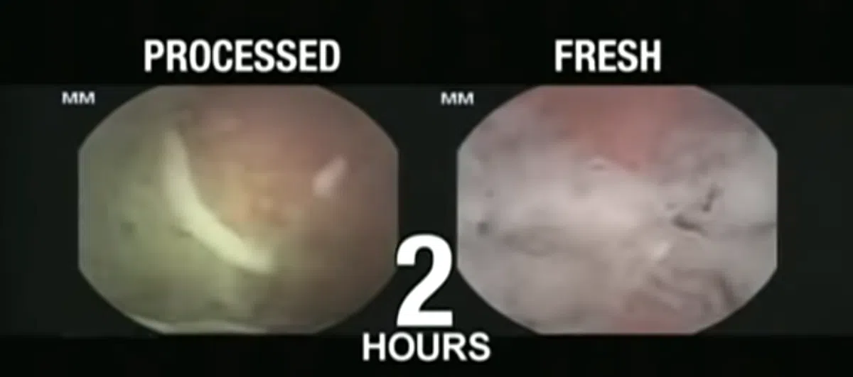  左图为快熟面，右图为一般面条。（视频截图） 