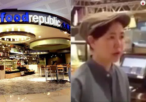 来自中国的服务生在大食代的一家嘟嘟糕摊位打工，因沟通不良，和一名新加坡客人起争执。（薛渤杨制图）