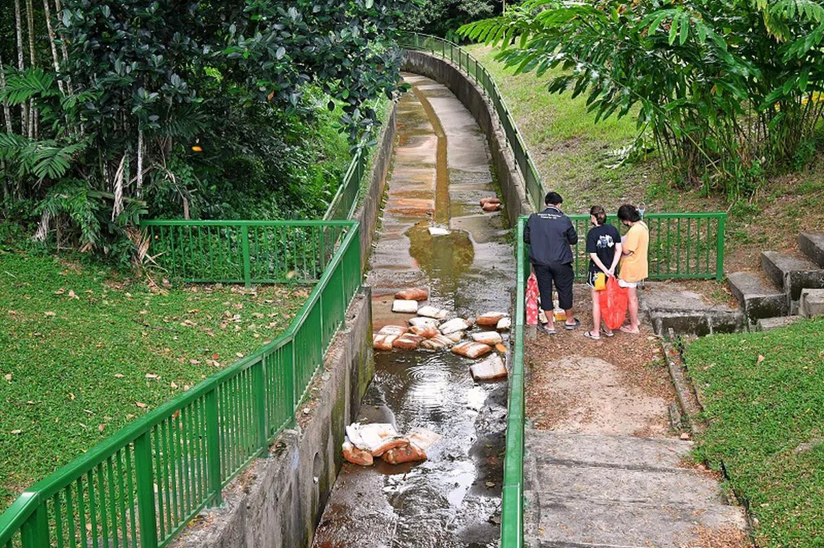 11岁双胞兄弟卧尸沟渠案的案发地点：武吉知马上段的翠绿岗弯（Greenridge Crescent）私宅区游乐场附近的沟渠旁，死者亲友到场祭拜。（海峡时报）