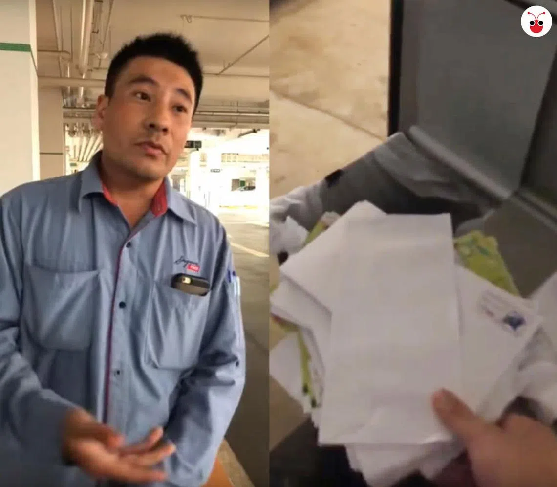 有公众在再循环桶找到丢弃的数十封信件和传单。他随后质问一名穿着新邮政制服的男邮差，对方承认把邮件丢掉。（谢静怡制图）