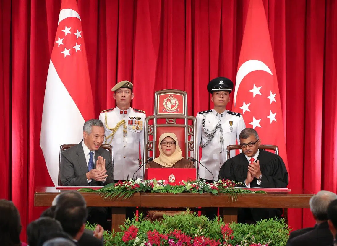哈莉玛周四（14日）在就职典礼上正式出任新加坡第八任总统。（联合早报）