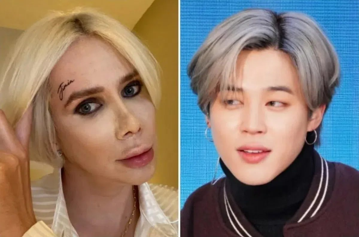 朗登（左）在八年内进行了32次整形手术，只为了长得像韩国男团BTS成员智旻（右）。（互联网）