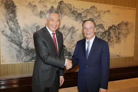 我国总理李显龙（左）今早在中南海紫光阁会见中国国家副主席王岐山。（联合早报）