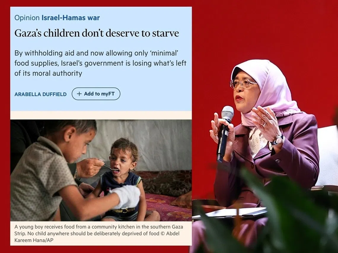 前总统哈莉玛5月23日在脸书发贴文形容，以色列对加沙实施的人道援助封锁，是“一场日益恶化的人道灾难”。（哈莉玛脸书 / 联合早报 / 红蚂蚁制图）