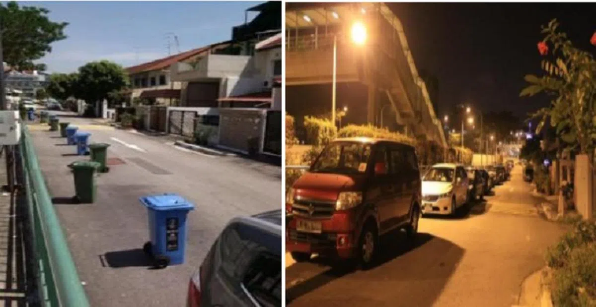  巴耶利峇路上段，20多户排屋的屋主用垃圾桶一字排开霸车位。（联合晚报） 