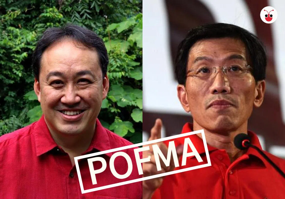 人民之声创党人林鼎（左）和新加坡民主党被政府当局援引《防止网络假信息和网络操纵法令》打假。右为民主党主席秘书长徐顺全。（李国豪制图）