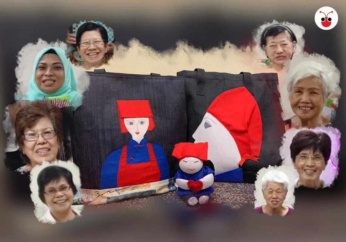 每一个布袋，每一个红头巾公仔都是这群阿嬷一针一线手工缝制。（曾庆祥制图）