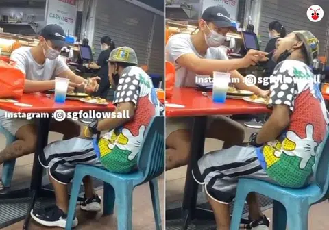 社交媒体Instagram日前疯传一段视频，只见一名男子喂食一名残疾男子，场面令人动容。（sgfollowsall Instagram / 红蚂蚁制图）
